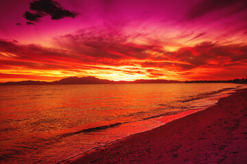 Wall Mural - Seascape in the evening during sunset. Landscape with Aegean sea and Mount Olympus on the horizon. Aegean sea in Halkidiki, Greece, Europe