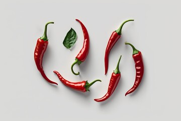 Poster - Isolated red chili peppers on a white background. Pungent, fiery red chili peppers. Or, a shot taken from a great height. Generative AI