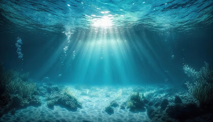 underwater sea in blue sunlight. based on generative ai