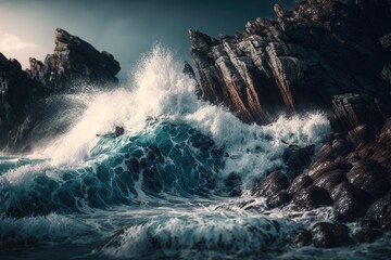 Wall Mural - Unrelenting Fury of the Ocean - Waves Crashing Against the Rocky Shore Generative AI