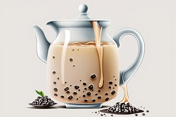 Wall Mural - Illustration of a milk tea in a teapot on a white backdrop. Generative AI