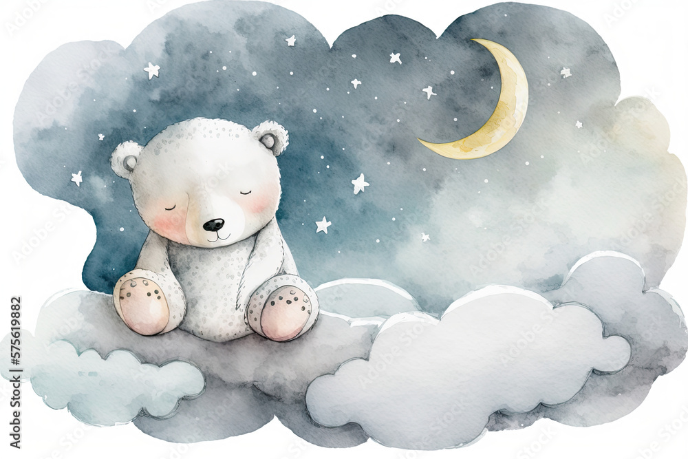 Cute watercolor hand drawn image of a cartoon bear on the moon and ...