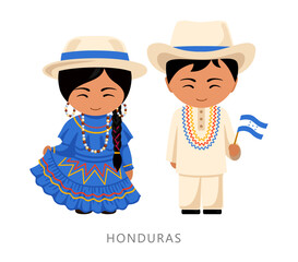 Wall Mural - Woman and man in Honduras national costume. Hondurans couple, cartoon characters in traditional ethnic clothes. Flat vector illustration.