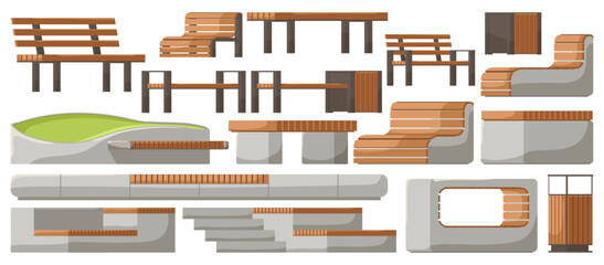 Set of design elements for City Park isolated on white background. Collection with decorative icons different forms of wooden benches for Public Park or cityscape and urban garden. Vector illustration