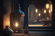 Ramadan Lantern. Old Lantern, Candle Lamp In Oriental Style In Interior. Generative Ai Illustration For Greeting Card, Site, Banner, Invitation, Postcard For Muslim Holiday. Eid Mubarak Ramadan Kareem