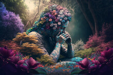 Statue Of Woman Sitting In Peaceful Garden Surrounded By Blooming Flowers And Trees, With Eyes Closed As If Connecting With Energy Of Nature And Psychic Waves It Generates.  Ai