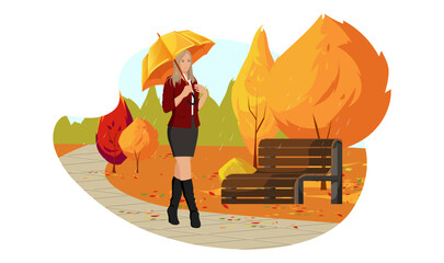 Wall Mural - Young woman walking with orange umbrella in Autumn Park. Yellow red trees and fall leaves. Weekend outdoor in colorful forest. Paint drawing in cartoon style. Seasonal flat image. Vector illustration