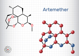 Sticker - Artemether molecule. It is used for the treatment of malaria. Structural chemical formula and molecule model. Sheet of paper in a cage