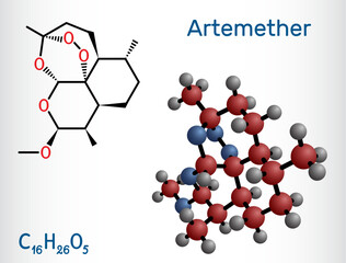 Wall Mural - Artemether molecule. It is used for the treatment of malaria. Structural chemical formula and molecule model.