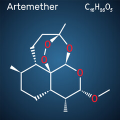 Sticker - Artemether molecule. It is used for the treatment of malaria. Structural chemical formula on the dark blue background.