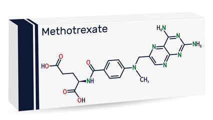 Sticker - Methotrexate, MTX molecule. It is antineoplastic drug, used the treatment of  cancer, psoriasis, rheumatoid arthritis. Skeletal chemical formula. Paper packaging for drugs.