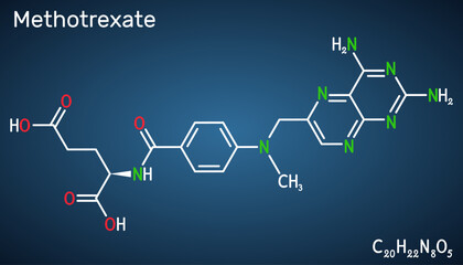 Wall Mural - Methotrexate, MTX molecule. It is antineoplastic drug, used the treatment of  cancer, psoriasis, rheumatoid arthritis. Structural chemical formula on the dark blue background.