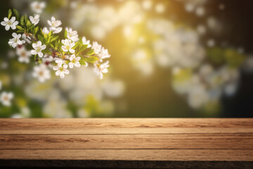 Empty table for product display with flower spring blur background . Sublime Generative AI image .