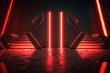Fototapeta Perspektywa 3d - Futuristic sci-fi abstract red neon light shapes on black background and reflective concrete with blank space for 3D text Generative AI