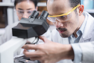Wall Mural - scientist analyzing microscope slide at laboratory. young woman technician is examining a histologic