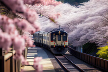 View Of Kyoto Local Train Traveling On Rail Tracks With Flourishing Cherry Blossoms Along The Railway In Kyoto Japan.