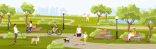 People Walking With Dogs In City Park. Scene Weekend In The Cityscape. Woman Seating On Wooden Bench. Public Place For Relax And Recreation With Green Trees And Bushes. Panoramic Vector Illustration