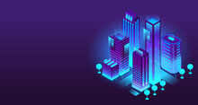 Futuristic Banner With City Buildings Isometric Design. Office And Commercial Building In 3d Neon Style. Urban Cityscape Concept, Web Design. Urban Architecture Of Street Elements. Vector Illustration