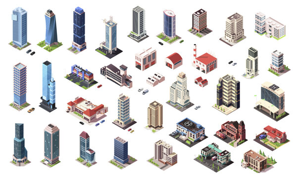 isometric skyscrapers and city buildings big collection. set of business office or commercial towers