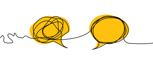 Wall Mural - Cartoon drawn knot, chaotic or chaos and order brainstorming line pattern. Business loading concept. Think bubble, speech bubble. Talk or speak wave balloon. Empty communicate cloud. Coaching symbol