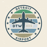 Fototapeta Kosmos - Detroit airport insignia. Round badge with vintage stripes, airplane shape, airport IATA code and GPS coordinates. Classy vector illustration.