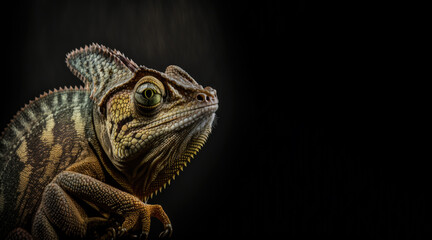 Wall Mural - portrait of a green chameleon, photo studio set up with key light, isolated with black background and copy space - generative ai	