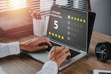 Customer review satisfaction feedback survey concept, User gives rating to service experience on online application, Customer can evaluate quality of service leading to reputation ranking of business.