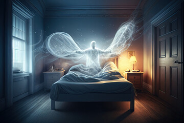 Wall Mural - astral body levitate over bed in the bedroom. soul flies out of the sleeping person. travel to anoth
