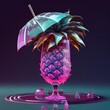 Surreal tropical pink pineapple neon color drink with an umbrella on a black background. AI-generated. 