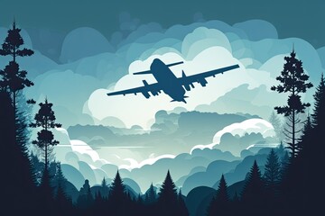 Wall Mural - The plane soars across the clear sky, passing above the woodland canopy. Above the clouds, the silhouette of a fighter plane, Overhead, a military plane flies past the trees. Generative AI