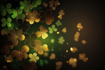 Saint Patrick's Day Green and Gold Clover Background with Bokeh. Generative AI.