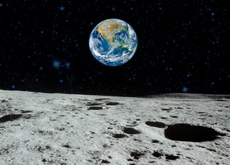 Planet Earth as seen from surface of The Moon.  Elements of this image furnished by NASA.