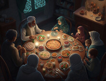 A Family Celebrating Ramadan Around A Large Round Table | Generative AI