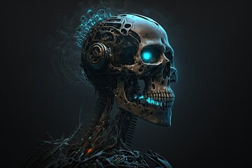 Mechanical skeleton in the dark cybernetic brain in the skull of a screaming robot from science fiction. Generative AI