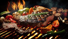 Delicious Grilled Meat With Vegetables Sizzling Over The Coals On A Barbecue. Generative AI.
