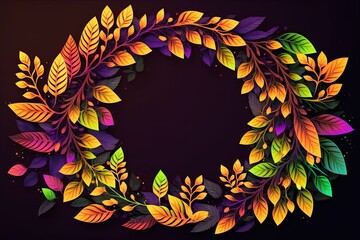 Wall Mural - Cartoon style tropical leaves circle frame on black background with empty space. Purple orange green jungle florals in digital art style for summer party design.