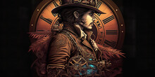 Steampunk Adventurer With Jules Verne Inspired Gear And Cog Motif.  Generative AI
