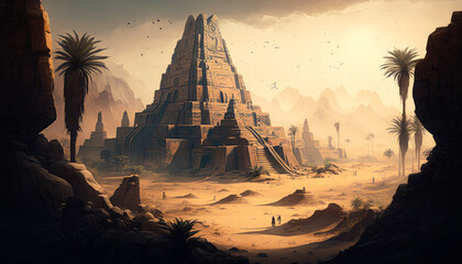 Wall Mural - an environment featuring the ruins of an ancient civilization, complete with pyramids, temples, and mysterious artifacts, illustration - Generative AI