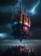 Wall Mural - flying Mysterious medieval castle, Spooky old gothic castle, foggy night, dreamy. Ai generated image.