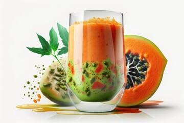 Poster - Smoothie made with papaya and a glass, with only the glass and the white background visible. Generative AI