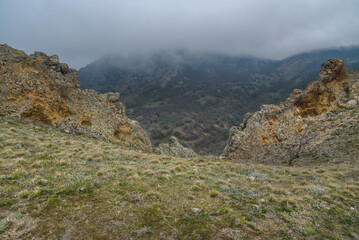 Sticker - Landscape of Karadag Reserve in spring. View of rocks of ridge Karagach. Crimea