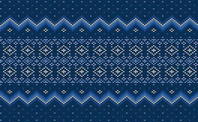 Wall Mural - Pixel ethnic pattern, Vector embroidery ornate background, Geometric retro ethnic style, Blue pattern jacquard seamless, Design for textile, fabric, batik, print, aprons