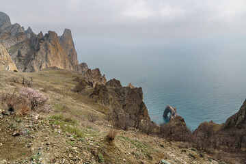 Wall Mural - Top view of Golden Gate rock in the Black sea. Karadag Reserve in spring . Crimea