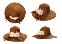 Beach Hat Top View Isolated Set. Pretty Straw Hats With Ribbon And Pastel Flowers On White Background.
