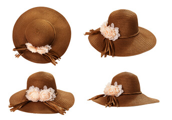 Wall Mural - Beach hat top view isolated set. Pretty straw hats with ribbon and pastel flowers on white background.