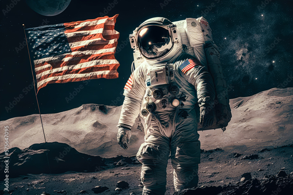 Astronaut on the Moon and raised an American flag - Generative AI Stock ...