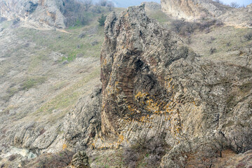 Wall Mural - Devil's fireplace rock and bizarre rocks in Dead city. Khoba-Tele Ridge of Karadag Reserve in spring. Crimea