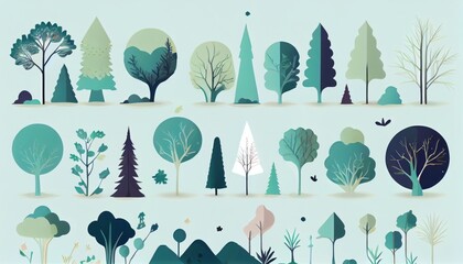 Set of trees and shrubs. collection of natural design elements trees with leaves. generative ai