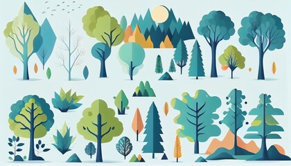 Set of trees and shrubs. collection of natural design elements trees with leaves. generative ai