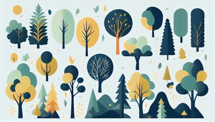 Set of trees and shrubs. collection of natural design elements trees with leaves. generative ai